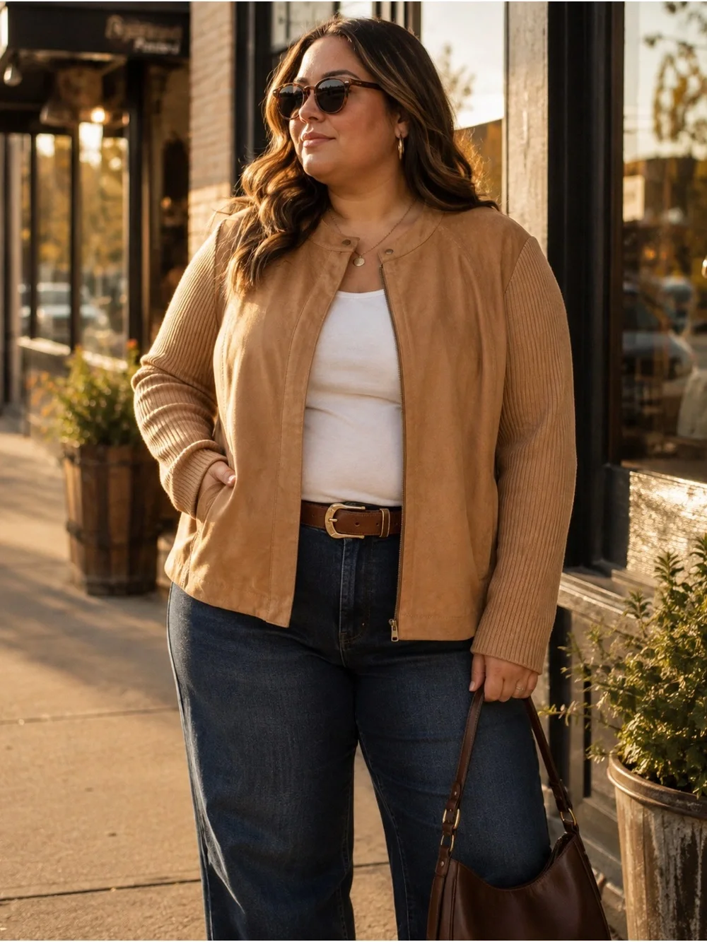 Vintage Liz Claiborne Camel Faux Suede Knit Sweater Jacket 2X Zip Front